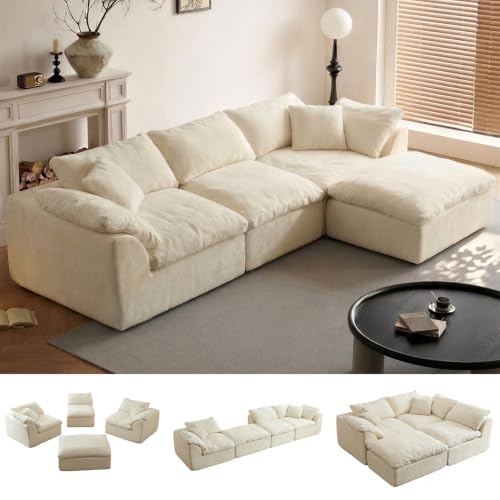 Image of Cloud Couch Sectional for Living Room, Modular L Shaped Boneless Sofa with Chaise, Compressed No Assembly Couch, Deep Seat Chenille Upholstered Convertible Sofa Bed(Pearl White)