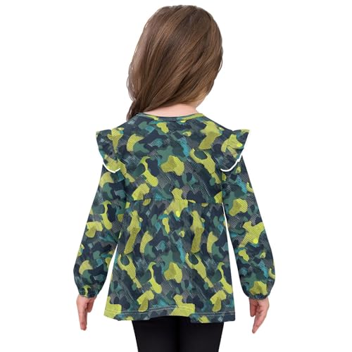 Blue Yellow Line Camouflage Girls Shirts Cotton Long Sleeve Ruffle Toddler Tee Tops4