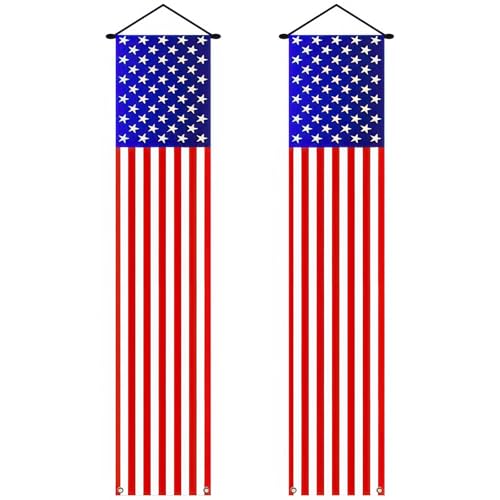 Image of BlissYard 2Pcs Patriotic Decor Door Banner USA Independence American Flag Banners Hanging Porch Signs for Memorial Day Veterans Day Labor Days 4th of July Decorations for Yard Indoor Outdoor Supplies