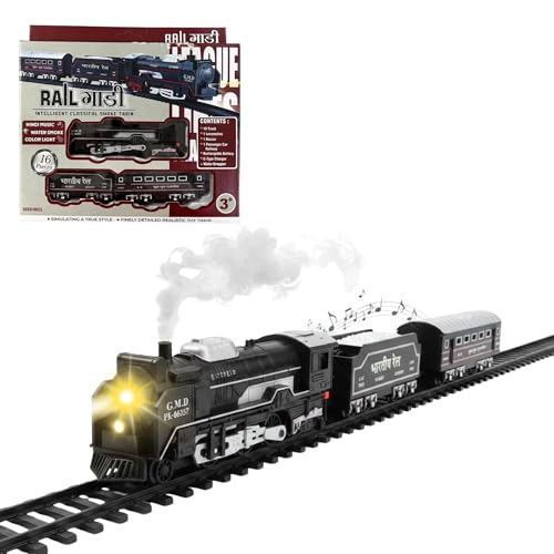 Image of Crackles Small Steam Train Set for Kids - Light & Hindi Music Vintage Engine with Smoke Effect, Rechargeable Battery, Type-C Cable, Water Dropper & Tracks - Battery Operated Toy for Boys & Girls