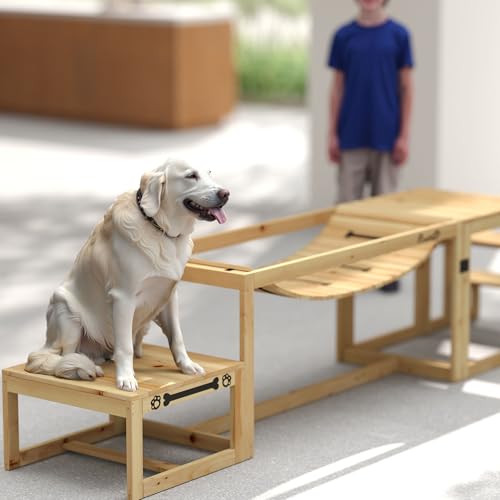 PawHut Agility Set Hunde 3-teiliges Set Agility-Ausrüstung mit Brücke, Treppe, Plattform, Hundetraining aus Tannenholz für mittelgroße, große Hunde bis 40 kg, Naturholz