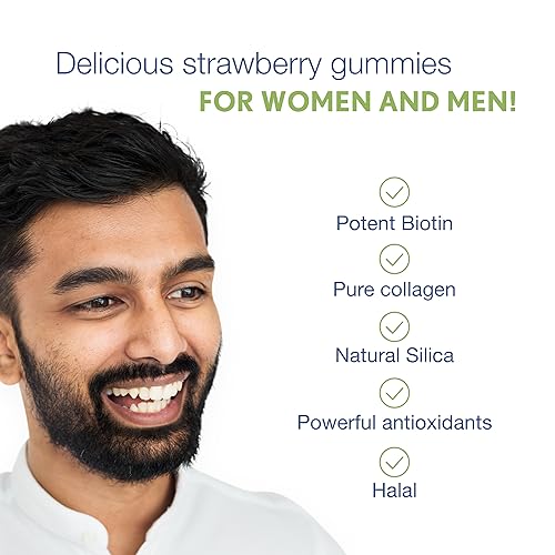 Image of Noor Vitamins Halal Hair Vitamins Biotin, Collagen, Silica, Vitamin C & E Supports Hair, Skin & Nail Health; Natural Strawberry Gummy Vitamins. GMO, Gluten Free & a Certified Halal Vitamin (90 Count)