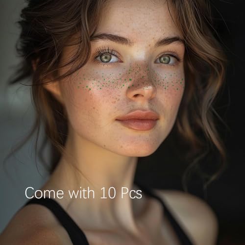 Image of Glitter Freckles, 24PCS Glitter Freckles Face Tattoo, Sparkle Freckles for Women, Waterproof Gold Temporary Face Tattoos Glitter Glow Up Patches Makeup Patches Festival (Green 10pcs)