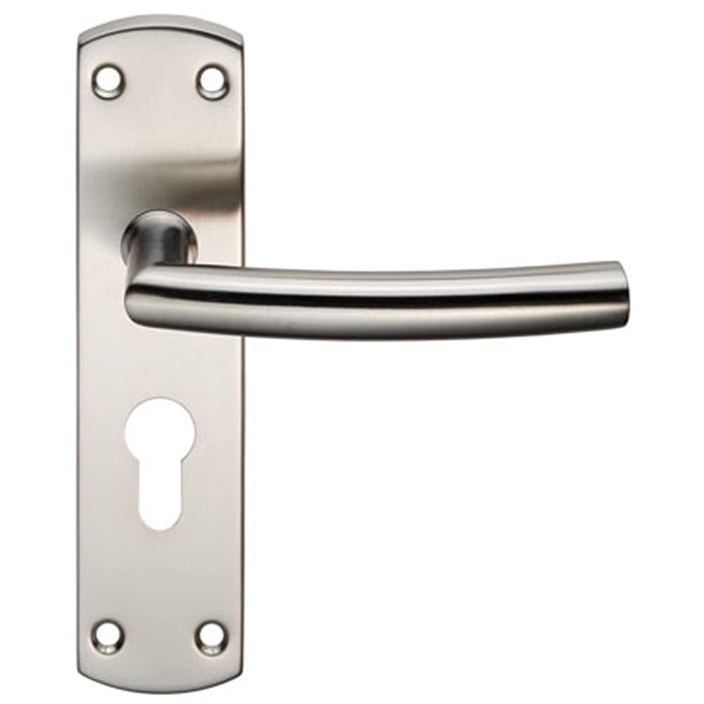 Curved Bar Lever Door Handle on Euro Lock Backplate - 172 x 44mm - Satin Steel | Commercial Lever on Backplate Door Handle - Internal Door Hardware - Lock, Euro, Oval and Latch Options Available