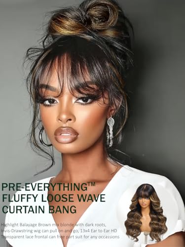 Image of KLAIYI Ombre Brown Loose Body Wave Pre Everything Glueless 13x4 HD Lace Front Human Hair Wig with Natural Bang Highlight Balayage Brown Precut Lace Pre Plucked Bye Bye Knots Drawstring Wig 180% 26Inch