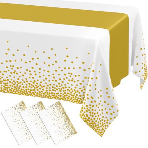 Image of Smiry Plastic Table Cloth Disposable 3 Pack, 54 x 108 Inch Rectangle Waterproof Tablecloth, Printed Gold Table Runner Style for Birthday Weeding, Party Decorations, Leakproof & Sturdy, White and Gold
