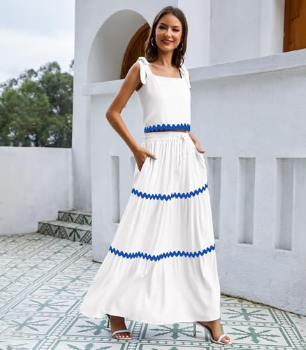 Image of Womens Two Piece Skirt Set 2024 Summer Sets Tie Up Sleeveless Tank Top Maxi Skirt Casual Beach Cruise Vacation Dresses Sundresses Outfits with Pockets White