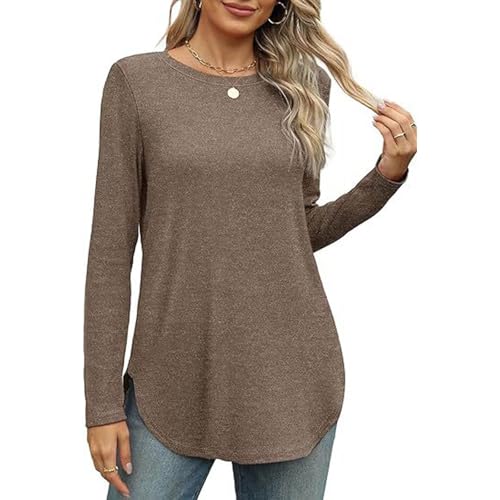 WAJCSHFS Moletons para mulheres, manga comprida, gola redonda, fendas laterais, básicas, soltas, lon