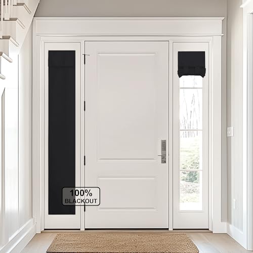 NICETOWN Black Blackout Door Curtains Privacy 100% Blackout Sidelight Curtains for French Front Glass Door, 12 X 72 inches Long, Thermal Insulated Tie