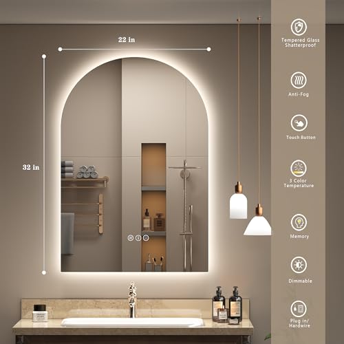Image of 22x32 Inch Arched LED Bathroom Mirror with Lights | Lighted Bathroom Vanity Mirror for Wall, Dimmable Backlit, Anti-Fog, Shatterproof, Memory, ETL Listed