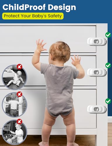 Cabinet Fridge Locks Baby Proofing, 4 Pack Child Proof Cabinet Refrigerator Locks, Baby Child Safety Frigerator Locks for Cabinets, with Strong Adhesive Pad for Draw Kitchen Oven (White)