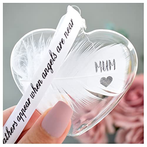 Mum Feather Memorial Bauble Personalised Glass Heart Christmas Tree Decoration Handmade Keepsake