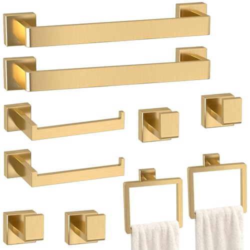 Image of 10-Pieces Gold Bathroom Accessories Set, 16 Inch Towel Bar Set | Stainless Steel, Towel Ring, Toilet Paper Holder, Robe Hooks, Towel Racks for Bathroom Wall Mounted, Bathroom Hardware Set