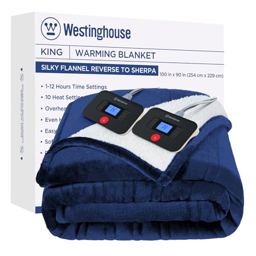 Westinghouse Electric Blanket King, Heated Blanket King Size with 10 Heating Levels and 1 to 12 Hours Heating Time Settings, Flannel to Sherpa Reversible, Machine Washable (90" x 100", Navy)