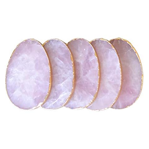 FHNP367 5 Pieces Natural Rose Quartz Slices Stone Slab Gold Rim Edge Plated for Wedding Name Cards Namecards Place Cards Table Number - 3 inch Length Cover