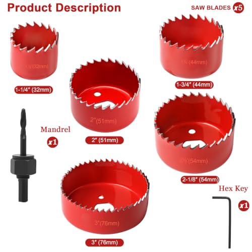 Image of 7-Piece Hole Saw Kit with Mandrel for Softwood and PVC | Carbon steel hole saw kit for softwood, plywood, PVC and drywall; includes five sizes, mandrel and hex key; not for metal