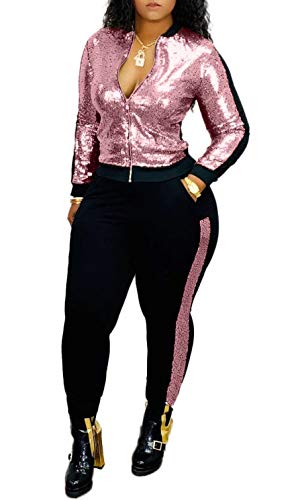 Lucuna Womens 2 Piece Outfits Sexy Glitter Sequins Metallic Shiny Long Sleeve Top and Pants Set Party Clubwear