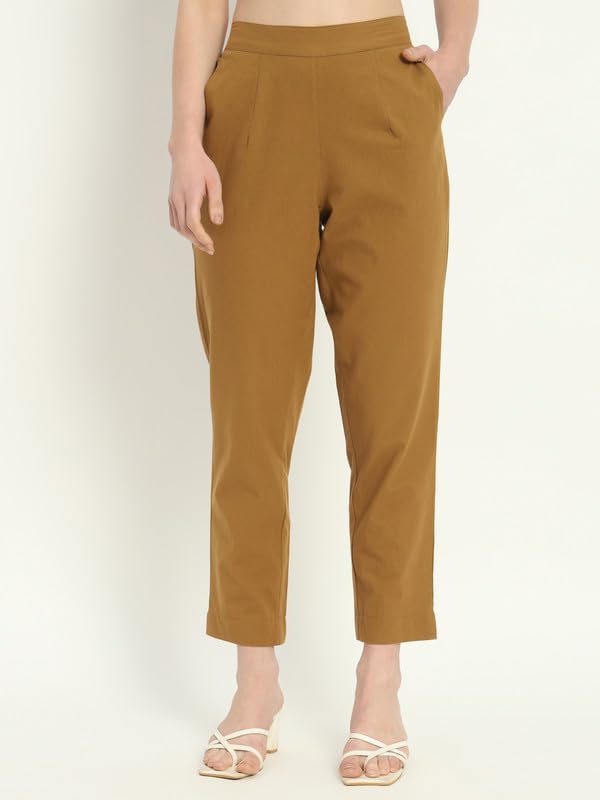Image of Women's Solid Straight Fit 100% Cotton Trousers | High Waist, Side Pockets, Ankle Length Pants for Office, Casual