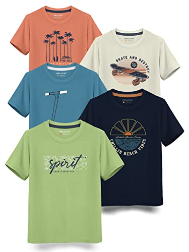 HELLCAT Boys Trendy Typographic Printed Cotton Blend Half Sleeve Regular Fit T-Shirt - Pack of 5 / Jade Green & Navy Blue & Aqua Blue & Beige & Saffron / 15-16 Years