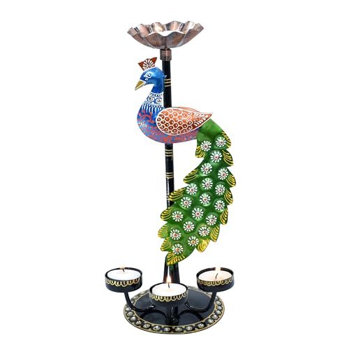 Image of Kraftskala Tea Light Candle Holder Decorative Peacock Showpiece Metal Figurine 4 Candle Diya Burner Slots for Living Room, Diwali Gifts, Home Decor
