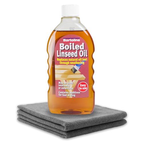 Aceite de linaza hervido para madera, 500 ml, tratamiento de madera al aire libre y aceite de cubierta para muebles, suelos, encimeras y uso en jardín, incluye 2 paños sin pelusa para un uso fácil