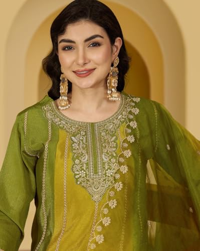 Image of Amazon Brand - Tavasya Women Poly Chinon Zari Sequence Cording Embroidered Regular Fit Kurta Set | Salwar Suit