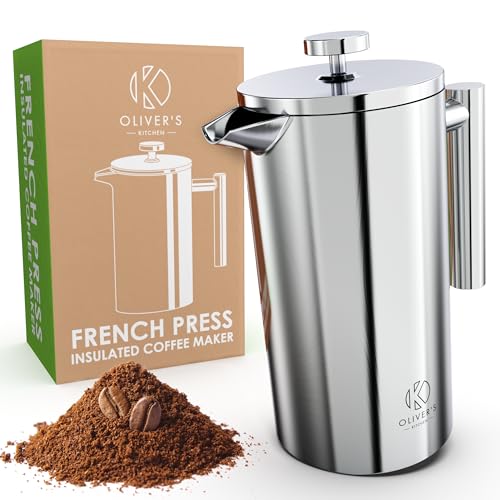 Comparison: Best Insulated Cafetiere 7 Oliver's Kitchen ® Premium French Press Cafetiere Coffee Maker - Thermal Insulated Double Wall - Stainless Steel 1 Liter