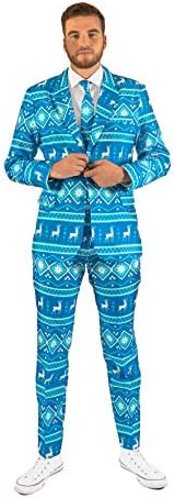 Offstream Men's Ugly Christmas Suit - Nordic Reindeer Print Holiday Clothing - Blue, White X-Mas Design -Includes Blazer, Pants, Tie - Size XXL