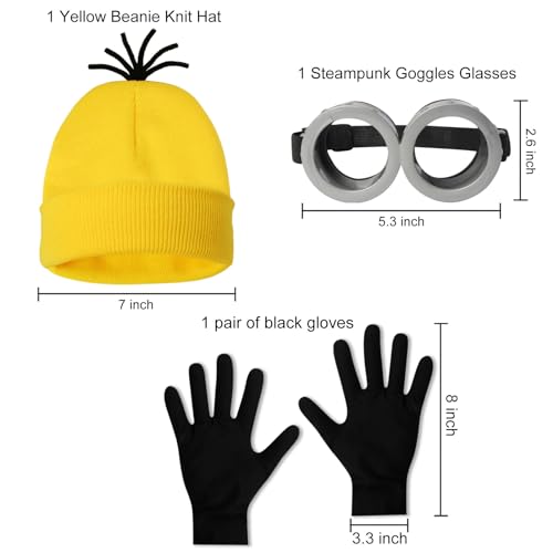 3 Pcs Halloween Costume Accessories Adult,Goggles Glasses/Yellow Beanie/Gloves for Men Women Cosplay Party Set2