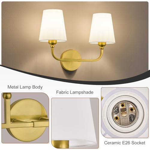 Image of Bathroom Vanity Light, Brushed Gold Bathroom Lighting Fixtures Over Mirror | 2-Light Bathroom Light Fixtures with Flared White Fabric Shade, E26 Socket (ETL Listed)