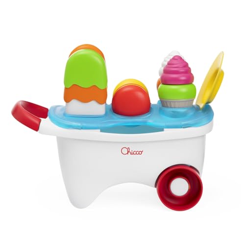 Chicco Juguete Carrito de Helados, 2en1, Actividades de apilamiento y Enclavamiento, Actividad de Juego de rol, práctica asa y Ruedas Libres, Juego de 19 pz para Hacer deliciosos Dulces, 12 36M