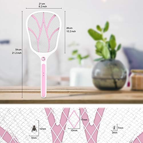 Electric Fly Swatter, 3000V Bug Zapper Racket Fly Mosquito Killer Bat with LED Light, Rechargeable USB Insect Catcher for Indoor Outdoor (Pink)