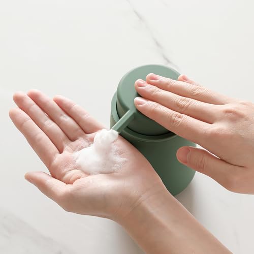 Image of YAUKPH Sage Green Foaming Hand Soap Dispenser Plastic 11 oz - Modern Minimalist Style for Bathroom & Kitchen Countertop Refillable