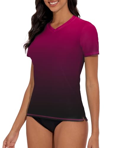 Women's V-Neck Short Sleeve Rash Guard Shirts UV Protection Swim Shirts UPF 50+ Lightweight Swimwear2