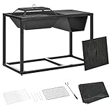Outsunny 4 en 1 Brasero Exterior de Acero Galvanizado para Jardín Barbacoa de Leña Enfriador de Cubitos de Hielo Mesa de Jardín con Rejilla Protector de Chispas y Atizador 100x46,5x64 cm Negro