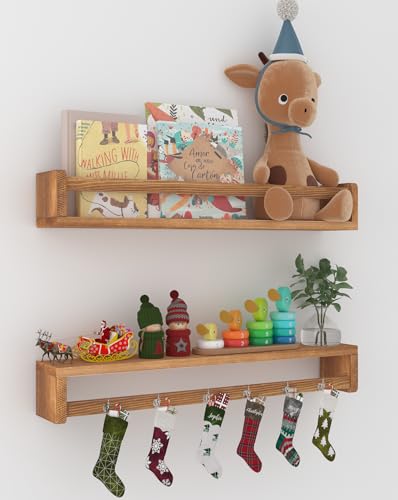 Image of Heimlove 24 Inch Nursery Floating Shelves, Nursery Book Shelves for Wall, Wall Bookshelf for Kids Solid Wood Wall Mounted Shelves for Books,Toys and Decor Storage, Set of 2