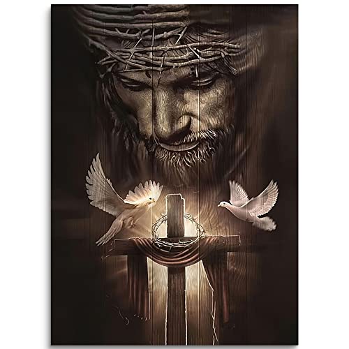 Fchen art Lienzo decorativo cristiano con león de Jesús y la cruz y la paloma de la paz, obra de arte cristiana para pared, póster de Dios para habitación, iglesias, listo para colgar, 30,5 x 40,6 cm