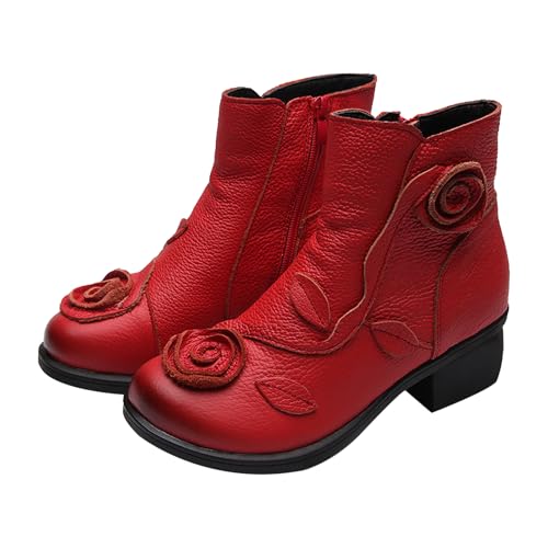 MOYOWEI Women's Handmade Sunflower Dress Leather Booties,Comfy Fall/Winter Non-slip Block Heels Zip Casual Short Ankle Boots