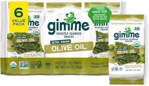 Image of Gimme Seaweed Organic Premium Roasted Seaweed Snacks, Extra Virgin Olive Oil, Keto, Vegan, Gluten-Free, Great Source of Omega3s and Iodine, Healthy On-The-Go Snack for Kids&Adults,6 Count (Pack of 8)