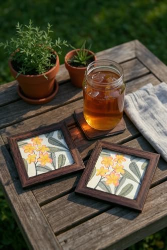 Image of Coaster | Wooden Square Shaped Frame | Stylish Ethnic Tabletop Design | Ideal for Home & Office | Perfect for Tea Cups, Coffee Mugs & Glasses (Frangipani, Set of 4)