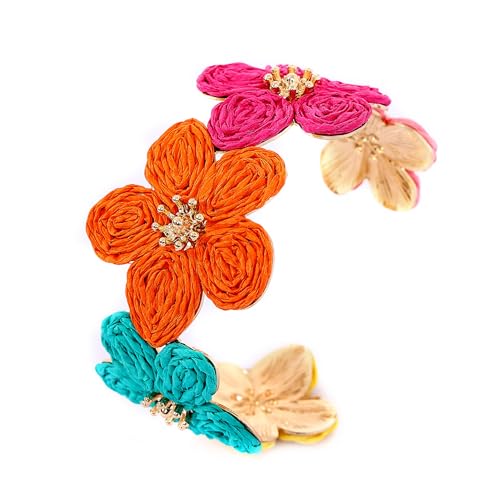 Raffia Colorful Flower Cuff Bracelet For Women Statement Chunky Spring Summer Floral Tropical Beachy Vacation Wide Open Bangle Boho Jewelry Accessories (Colorful)