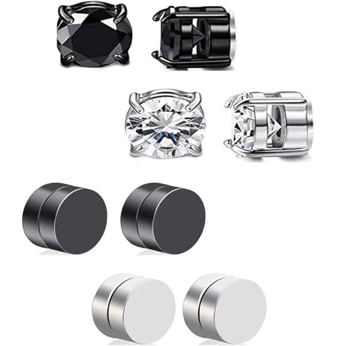 4 Pairs Magnetic Earrings, Stainless Steel Stud Earrings, Silver and Black Mixed Set, Magnetic Studs with Zircon in Stainless Steel Silver-Black Combination