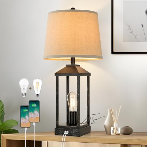 Black Bedside Table Lamp for Living Room, 3-Way Dimmable Touch Control Modern Nightstand Lamp with 2 Light, 28" Rustic Farmhouse Desk Lamp with USB Ports for Bedroom, Home, Office, 2 Bulbs Included