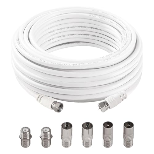KUOQIY 10m 75 Ohm Câble Coaxial RG6, F Mâle vers F Mâle Haut Débit RG6 Câble D'antenne TV, avec 6 Pièces Coupleurs D'extension, pour décodeur, TV, Satellite, Routeur Numérique