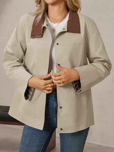 Tankaneo Womens Trench Coat Oversized Fall Barn Jacket Leather Collar Plaid Color Block Windproof Overcoat2