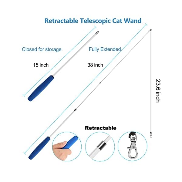 Cat toys feathers wand, interactive cat toy kitten toys 2 retractable cat wand toy and 7 feather teaser refills with bells, telescopic cat fishing pole toy for indoor bored cats gifts exercise pack - image 4