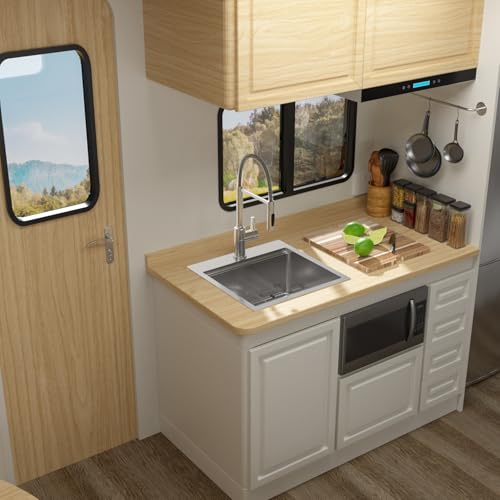 Image of Kichae Drop In Bar Sink- 18 x 18 x 9 Inch Small Overmount Topmount Stainless Steel RV Sink Single Bowl Workstation Wet Bar Prep Kitchen Sinks Patio Handmade Basin with Cutting Board & Rack
