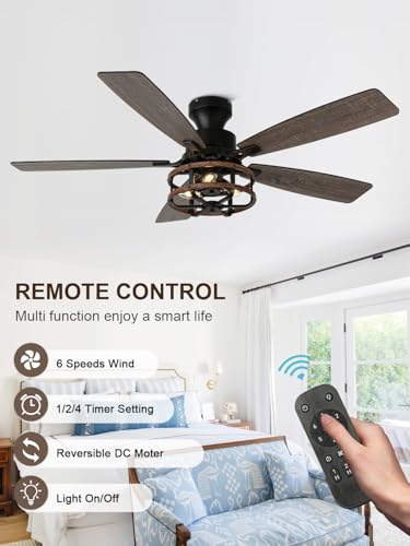 Image of 52 Inch Flush Mount Chandelier Ceiling Fan with Lights Rustic Ceiling Fan Low Profile Farmhouse Fandelier Chandelier Light for Bedroom Living Room, 3 E26 Bulbs (2)