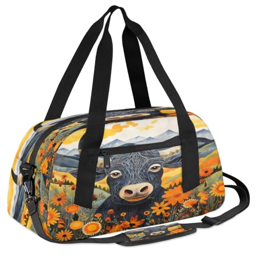 Abstract Cow Flower Field Mountains Waterproof Sports Gym Bag Portable Dance Gymnastics Work Out Bag Lightweight Travel Duffel Bag Overnight Weekender Bag3