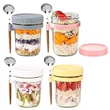 Paquete de 4 recipientes de avena nocturna con tapas y cucharas, tarros de vidrio de 16 onzas para avena durante la noche, a prueba de fugas, contenedor de avena para cereales, frutas, verduras, leche